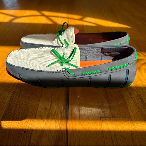 SWIMS Braided Lace Loafers Men's Sz 10 White Navy Green Machine Wash Mesh Rubber - Picture 3 of 10